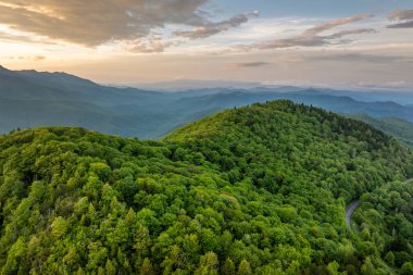 Kuzey Carolina Appalachian dağlarında yaz mevsiminde parlak gün doğumu. Güzel doğanın yaz manzarası.
