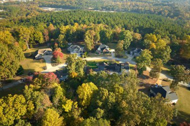 Güney Carolina yerleşim bölgesindeki klasik Amerikan evlerinin havadan görünüşü. ABD 'nin banliyölerinde emlak gelişimine örnek olarak yeni aile evleri.