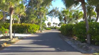 Casey Key kıyı yerleşim bölgesi Picoresque caddesi. Araba bakış açısı güneşli Florida 'da manzaralı yolda gidiyor.