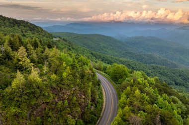 Yaz akşamları yeşil tepe örtüleri olan dağ ormanlarında dolambaçlı bir yol. Yazın Kuzey Carolina 'da vahşi orman doğasında araba sürmek.