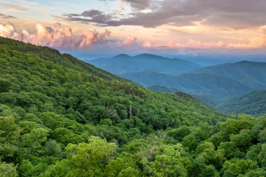Yaz mevsiminde gün doğumunda Büyük Smokey Dağları. Kuzey Carolina Appalachians, ABD 'deki dağlık tepeler.