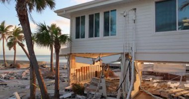 Okyanus kıyısındaki yıkılmış evler. Milton Kasırgası 'nın sonuçları Englewood, Florida' da. Fırtına şiddetli hasar verdi.