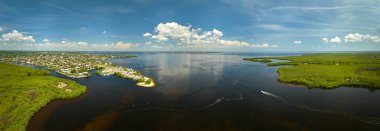 Everglades bataklığının su koyları ve kırsal özel evler arasındaki yeşil bitki örtüsü. Florida 'daki birçok tropikal türün doğal yaşam alanı..