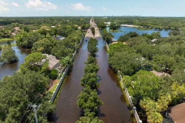 Florida yerleşim bölgesinin etrafını sularla çevrili batık arabayla dolu bir yol. Debby Kasırgası Doğal Afet.