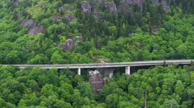 Appalachian dağlarındaki Linn Cove Viyaduct 'ta araba sürerken. Yaz mevsiminde yeşil tepe örtüleri olan dağ ormanlarında dolambaçlı bir yol..