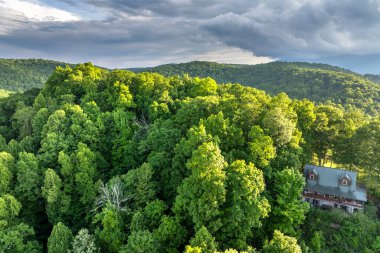 ABD 'nin turizm merkezi olarak turizm barınağı. Kuzey Carolina Appalachian dağlarında parlayan güneşle aydınlanan dağ ormanlarındaki ücra bir ev..