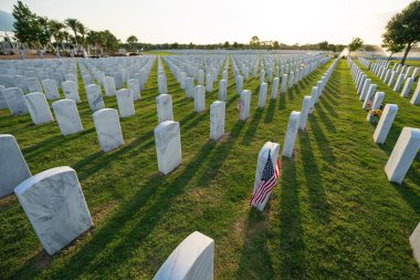 Anma Günü konsepti. Beyaz mezar taşları ve yeşil çimlerin üzerinde Amerikan bayrağı olan Sarasota Ulusal Mezarlığı.