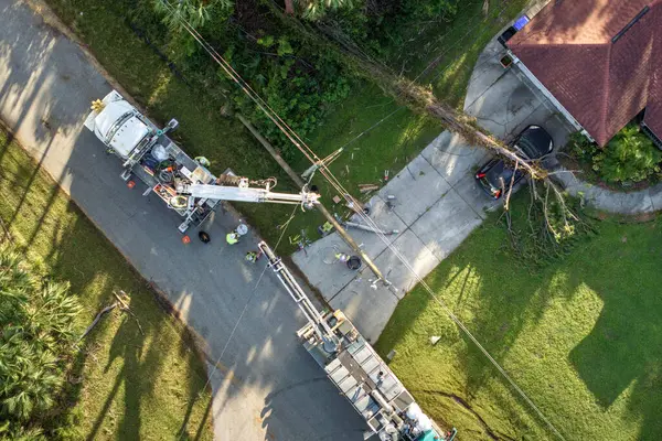 Florida 'da kasırga sonrası. İşçiler evdeki elektrik kablolarını tamir etmek için kova kamyonları kullanıyorlar. Kamu hizmetleri hasar gören elektrik hatlarını tamir ediyor.