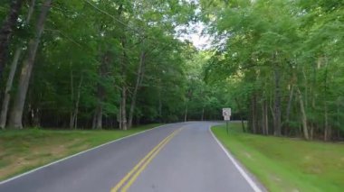 Blue Ridge Parkway yolunda giden araç plakası Appalachian dağlarının yaz ormanlarında renkli ormanlarda yeşil tepe örtüleri ile birlikte. Yaz mevsiminde vahşi doğada araba kullanmak.