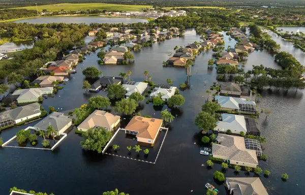 Debby Kasırgası Sarasota, Florida 'daki Laurel Meadows mahallesindeki evleri sular altında bıraktı. Doğal afetten sonra.