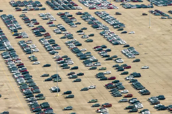 Fabrika otoparkında dağıtım için yeni arabalar.