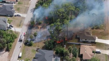 İtfaiyeciler Florida ormanlarında hızla yayılan bir yangınla mücadele ediyor. Banliyö evlerinin yakınındaki itfaiye araçları yerleşim yerlerinin yakınında konuşlanmış durumda..