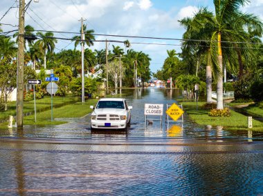 Punta Gorda, Florida 'daki Milton Kasırgası sonrası. Şehir caddesi, araba sürmeyi engelleyen uyarı levhaları yüzünden kapalı..