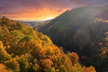 Appalachian Dağları 'nın günbatımında sonbahar mevsiminde doğa. Sonbaharda sarı tenteli renkli orman.
