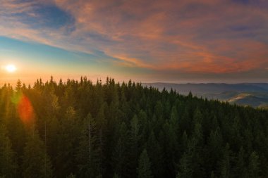 İnanılmaz dağ manzarasının havadan görünüşü. Vahşi Ulusal Park Dağları 'nda parlak renkli gün batımı. Sarı batan güneşle aydınlatılmış koyu ladin ormanları..