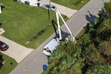 Florida banliyö bölgesindeki elektrik hatlarının etrafındaki ağaç dallarını budayan elektrik işçisi görüntüsü..