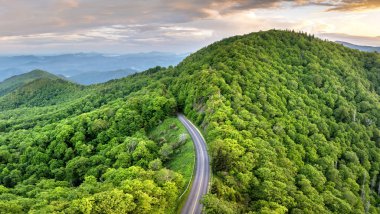 Gün batımında Appalachian dağlarına yolculuk. Yaz mevsiminde doğada otoyolda araba sürmek. Tennessee 'deki renkli orman.