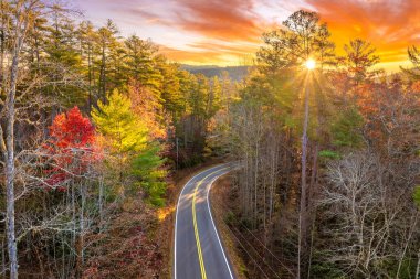 Kuzey Carolina dağlarında canlı bir sonbahar manzarası. Sonbahar renkleri yamaçlar boyunca uzanır sessiz dağ yolunda.