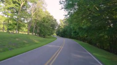 Kuzey Carolina Appalachian dağlarında orman yolunda araba kullanmak. Blue Ridge Parkway otoyolunun sürücü POV 'u yaz sezonunda.