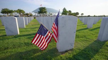 Beyaz mezar taşları ve Amerikan bayrağı olan eski ordu mezarlığı. Emekli askerlerin mezarları. Anma Günü konsepti