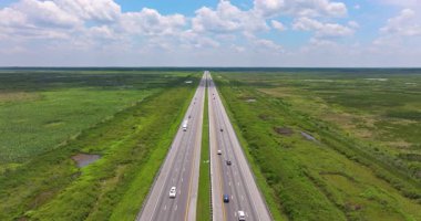 Florida otoyolu üzerindeki bulutsuz gökyüzü bataklık bitki örtüsü ve araba ve kamyonlarla dolu düz yol şeritleriyle dolu.
