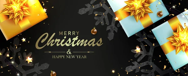 Γιορτινός Χριστουγεννιάτικος Σχεδιασμός Κουτιά Δώρων Μαύρο Φόντο — Διανυσματικό Αρχείο