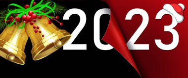 Mutlu yıllar 2023, köknar dalı ve altın zilli Noel kompozisyonu.