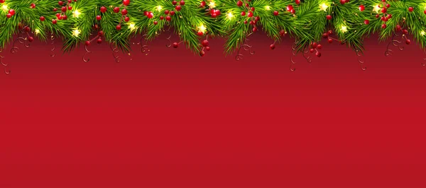 Illustration Noël Festive Avec Guirlande Arbre Noël Sur Fond Rouge — Image vectorielle