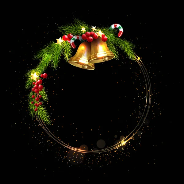 Vereinzelter Runder Weihnachtskranz Mit Goldenen Glocken Auf Schwarzem Muster — Stockvektor