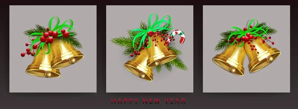黄金の鐘 緑の弓と隔離されたクリスマスのガーランド セット — ストックベクタ