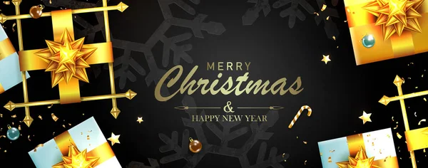 Γιορτινός Χριστουγεννιάτικος Σχεδιασμός Κουτιά Και Χρυσά Τόξα Μαύρο Φόντο — Διανυσματικό Αρχείο