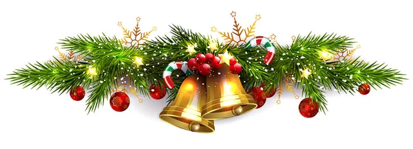 Weihnachtsillustration Mit Christbaumgirlanden Goldenen Glocken Und Stab Gestaltungselement — Stockvektor