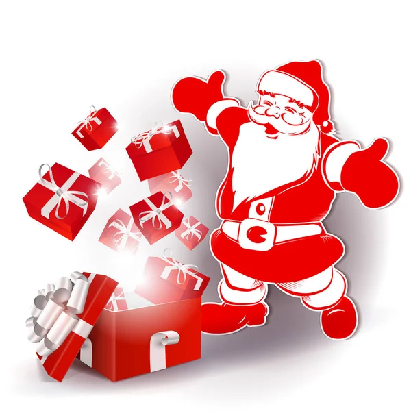 Weihnachtsmann Und Rot Getönte Box Mit Weißer Schleife Isolierte Designkomponente — Stockvektor