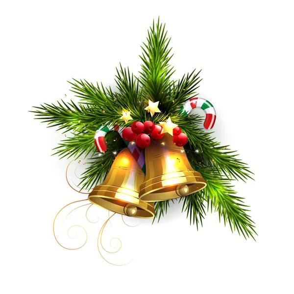 Weihnachtsillustration Mit Weihnachtsbaumgirlanden Goldenen Glocken Isoliertem Gestaltungselement — Stockvektor