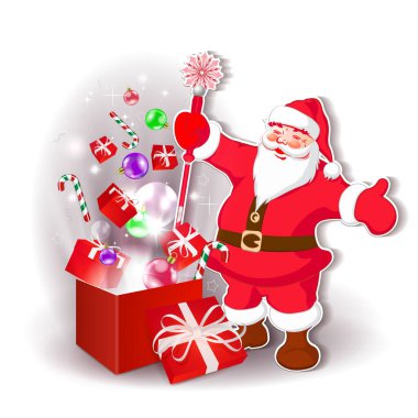 Kırmızı renkli hediye kutusu olan Noel Baba, beyaz yay, izole tasarım bileşeni.