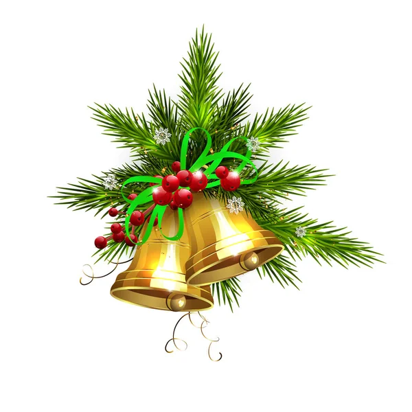 Illustrazione Natale Isolato Ghirlanda Conifere Con Campane Oro — Vettoriale Stock