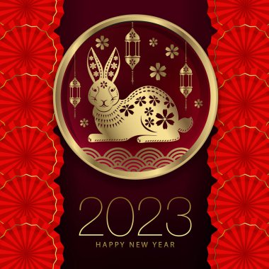 Mutlu Çin Yeni Yılı 2023. Yuvarlak çerçeveli bir tavşanlı tebrik kartı..