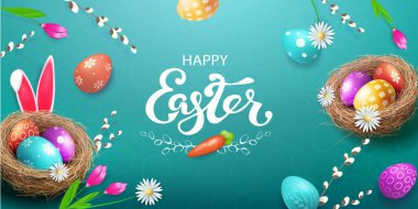 Composition with Easter eggs in the nest, willow branches and rabbit ears.