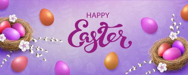 Purple card with Easter eggs in the nest, willow branches and flowers. clipart