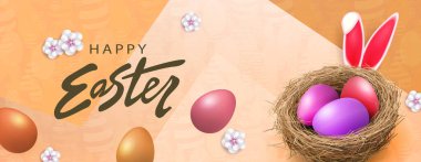 Saman yuvalı ve yumurtalı Paskalya çizimi, bej rengi..