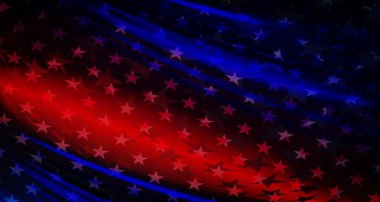 Yıldızlı mavi ve kırmızı tonlarda kumaş kıvrımları olan bir pankart.