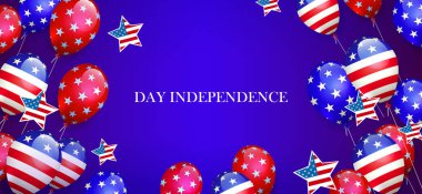 Mavi arka planda Amerikan bayrağı sembolleri olan sıcak hava balonu çizimi.