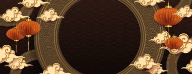 Yuvarlak çerçeve, kahverengi bulutlar ve kağıt sanat tarzında fenerler..