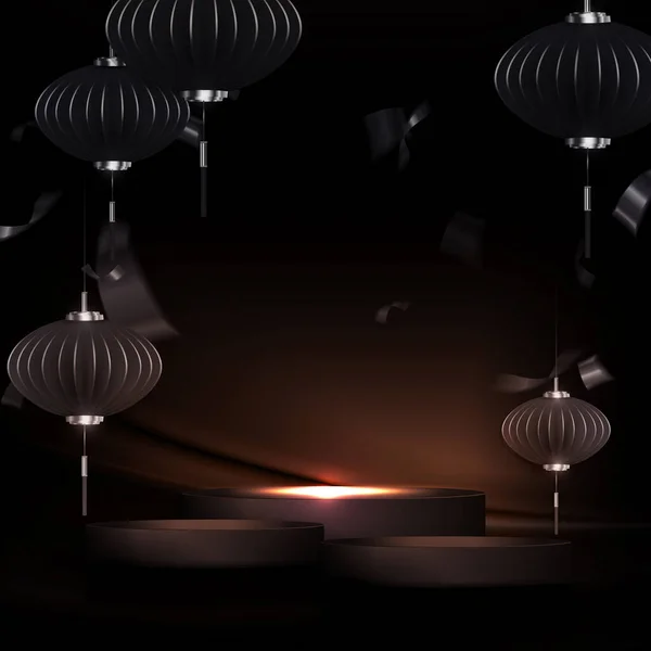 Dark Composition Podium Chinese Lanterns Paper Art Style — Stock Vector