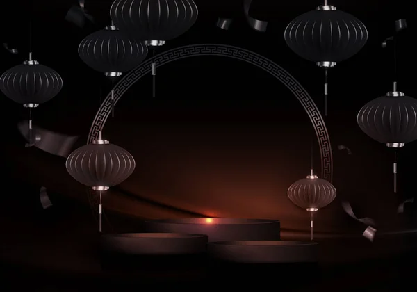 Illustration Sombre Avec Podium Lanternes Chinoises Papier Style Art — Image vectorielle
