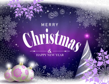Mor tonlarda Noel kartı, ışık huzmeleri ve soyut bir Noel ağacı..