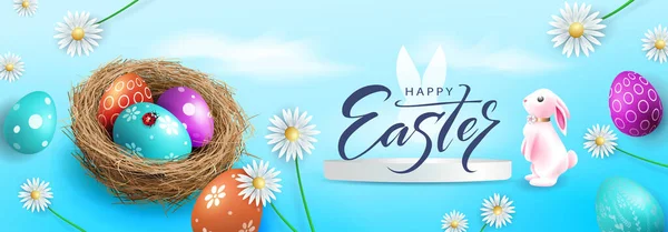 Velikonoční Plakát Velikonočními Vejci Hnízdě Zajíčkem Sedmikráskami Modrém Pozadí Royalty Free Stock Ilustrace