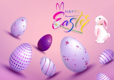 Paskalya yumurtalı pembe kart, izole edilmiş şirin tavşan..