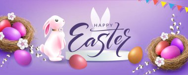 Tavşanlı mor kart, yuvadaki paskalya yumurtaları ve söğüt dalları..