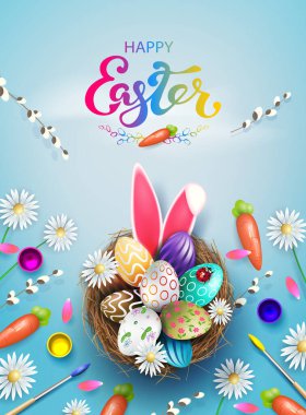 Yuvasında yumurtalar ve tavşan kulaklarıyla mavi Paskalya çizimi.